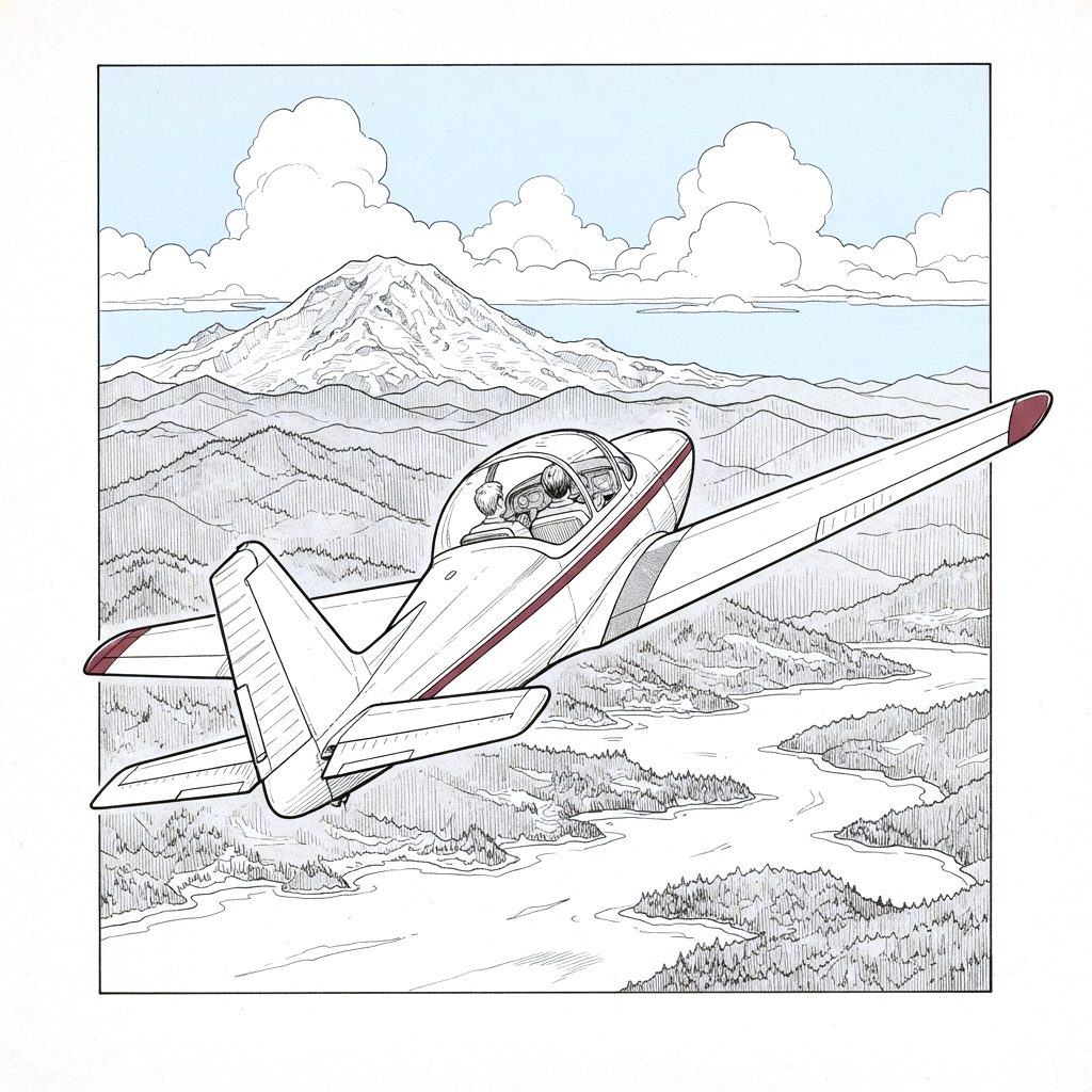 Ink drawing of a low-wing two-seat airplane banking over forested hills and water toward Mount Rainier